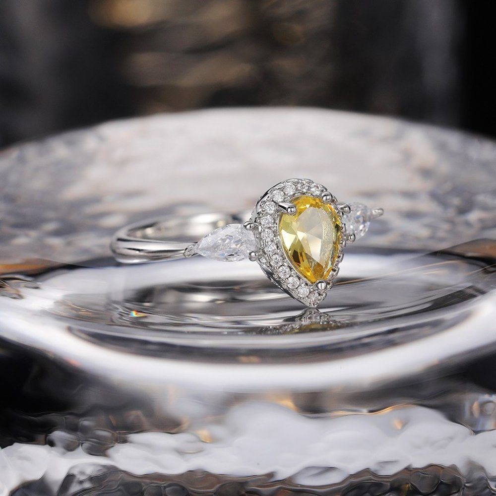 💍925 Silver Yellow Water Drop Romantic Crystal Diamond Ring for Women, K778 - Picture 8 of 11